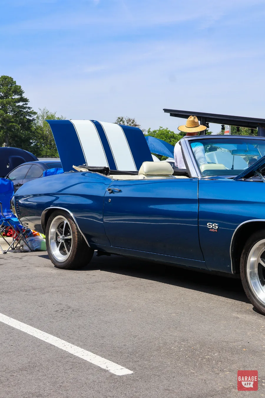 Driver-side profile of a Fathom Blue 1970 Chevrolet Chevelle SS 454 Convertible displayed at a Cars and Coffee event.
