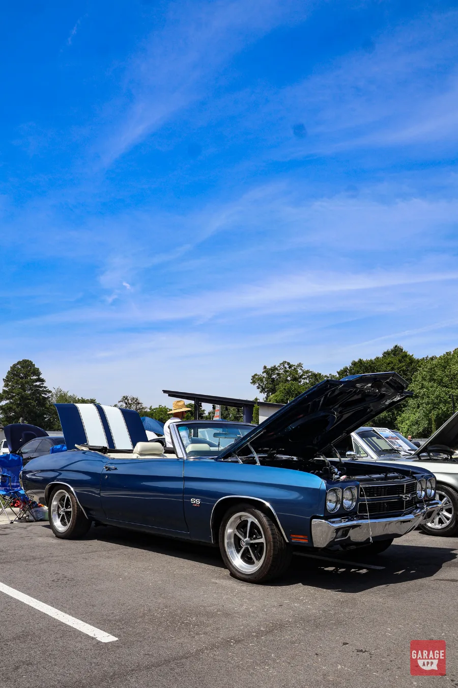 Front driver-side view of a 1970 Chevrolet Chevelle SS 454 Convertible with the hood open during a classic car event.