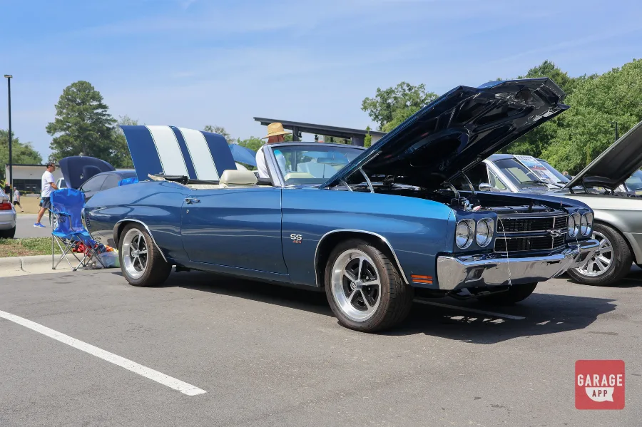 Front three-quarter view of a restored 1970 Chevrolet Chevelle SS 454 Convertible in Fathom Blue at a classic Chevrolet gathering.