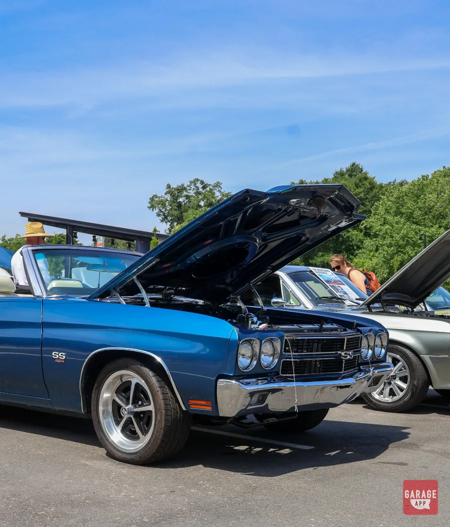 Close-up front view of a 1970 Chevrolet Chevelle SS 454 Convertible with hood open showing the iconic SS grille and front styling.