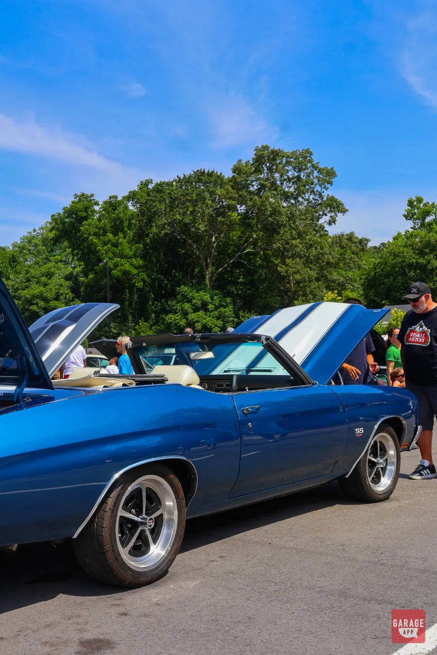 Rear driver-side view of a Fathom Blue 1970 Chevrolet Chevelle SS 454 Convertible with the top down at a car show.