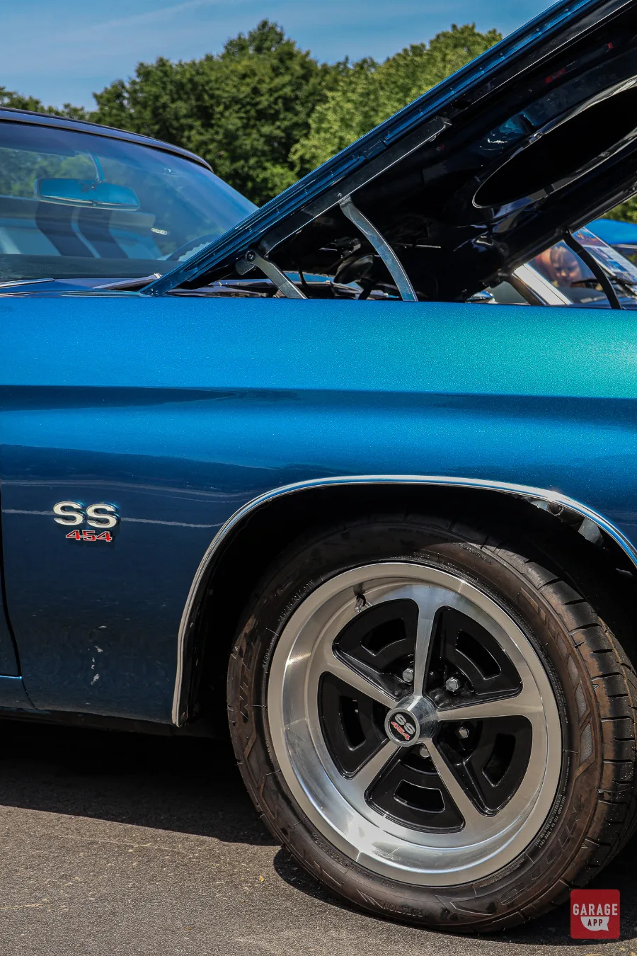 Front wheel and SS 454 fender detail on a restored 1970 Chevrolet Chevelle SS Convertible in Fathom Blue.