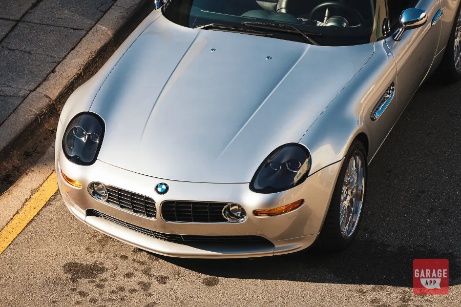 Long hood view of a 2001 BMW Z8 finished in Titanium Silver Metallic, highlighting the iconic roadster proportions, sculpted aluminum bodywork, and timeless BMW design.