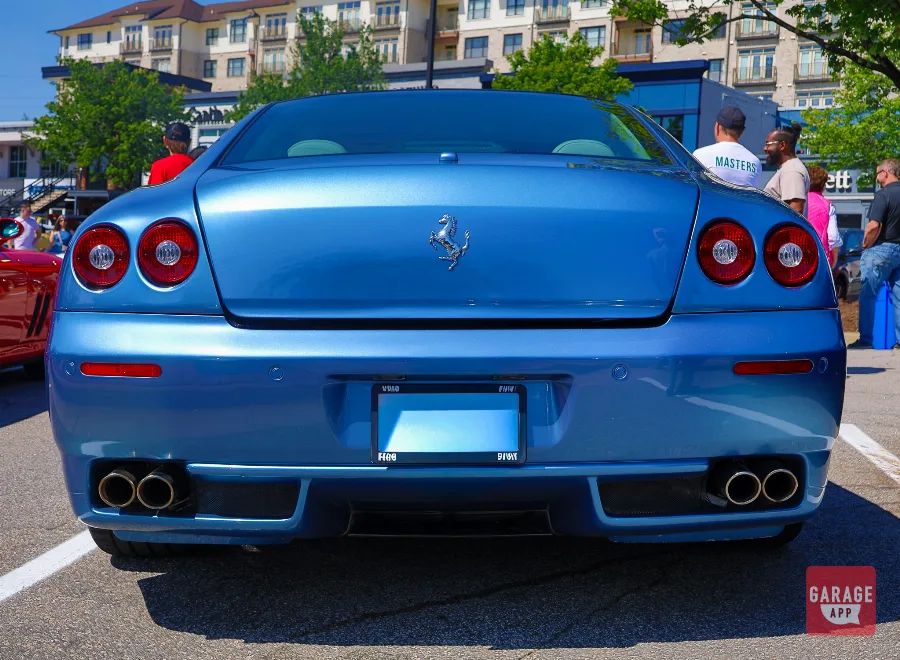 Rear view of a 2008 Ferrari 612 Scaglietti featuring quad exhaust tips and classic Ferrari grand touring proportions
