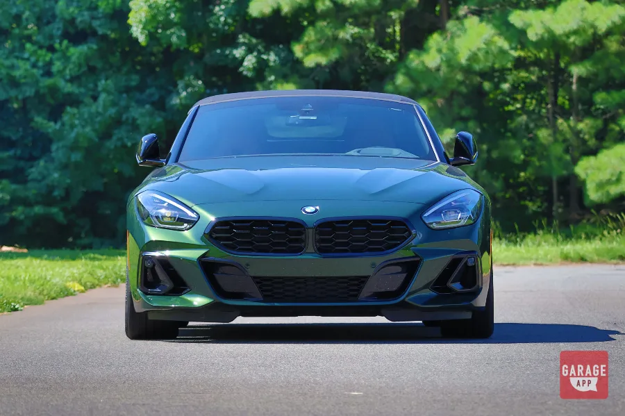 Front view of a BMW Z4 M40i manual in San Remo Green, displaying the bold kidney grilles and modern BMW design language.