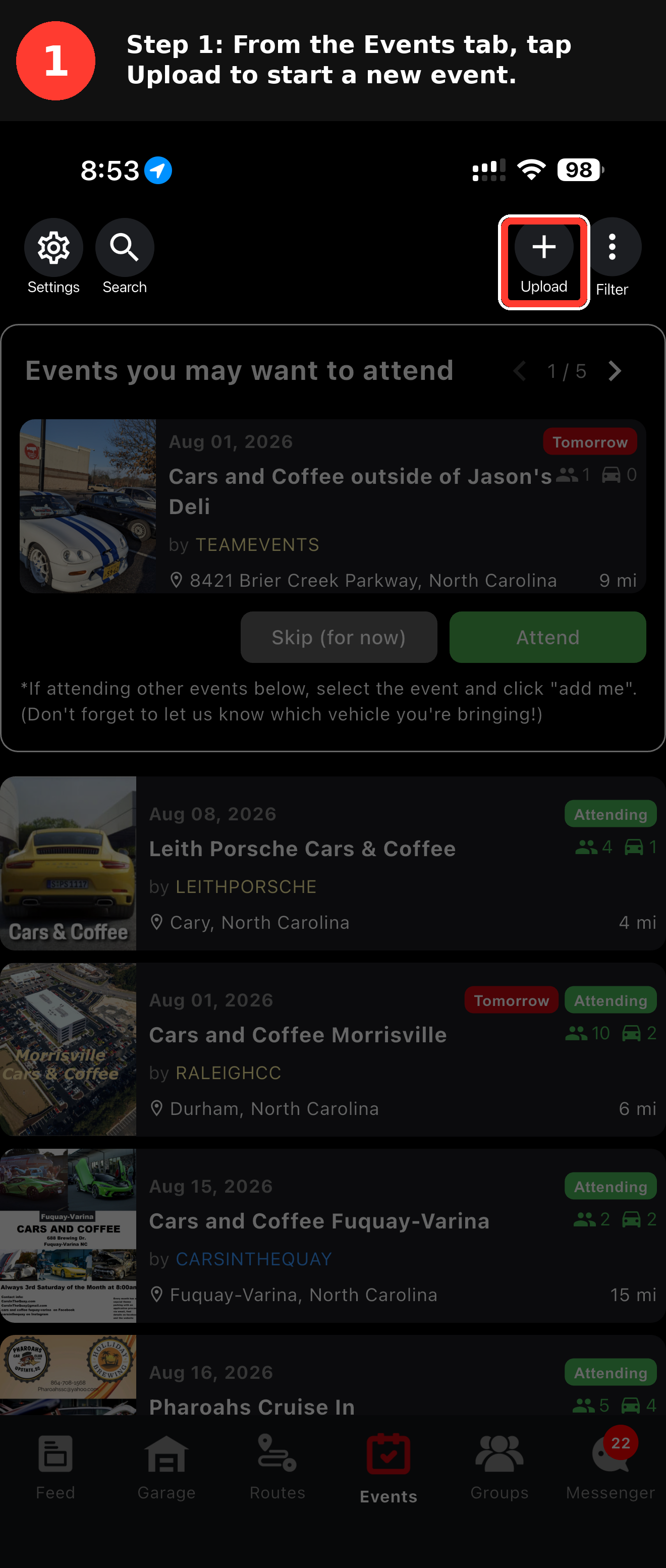 GarageApp Events tab open on a phone screen with the Upload button highlighted at the top of the interface