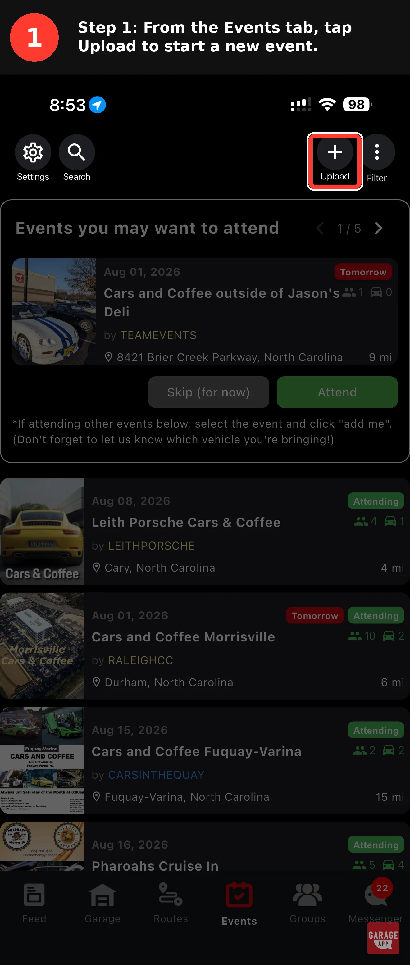 GarageApp Events tab open on a phone screen with the Upload button highlighted at the top of the interface