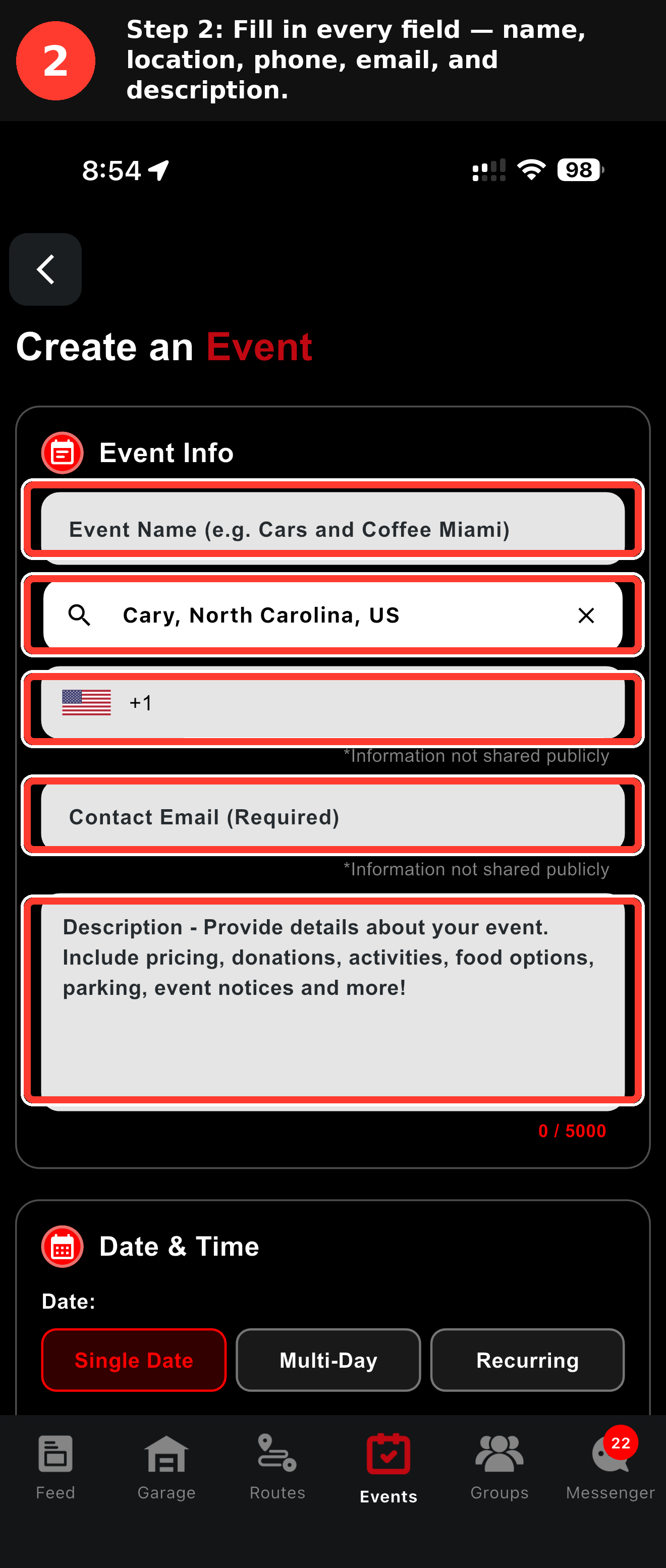 GarageApp event creation form showing fields for event name, searchable location, private phone number, and required contact email