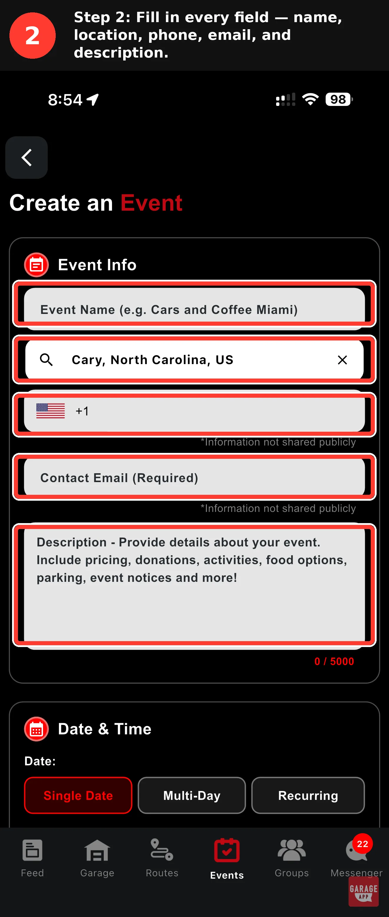 GarageApp event creation form showing fields for event name, searchable location, private phone number, and required contact email