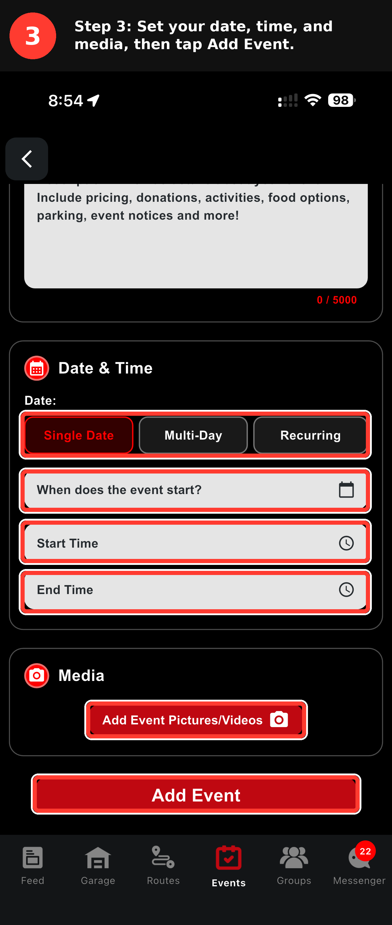 GarageApp date selector showing Single Date, Multi-Day, and Recurring options with a cover photo upload area below