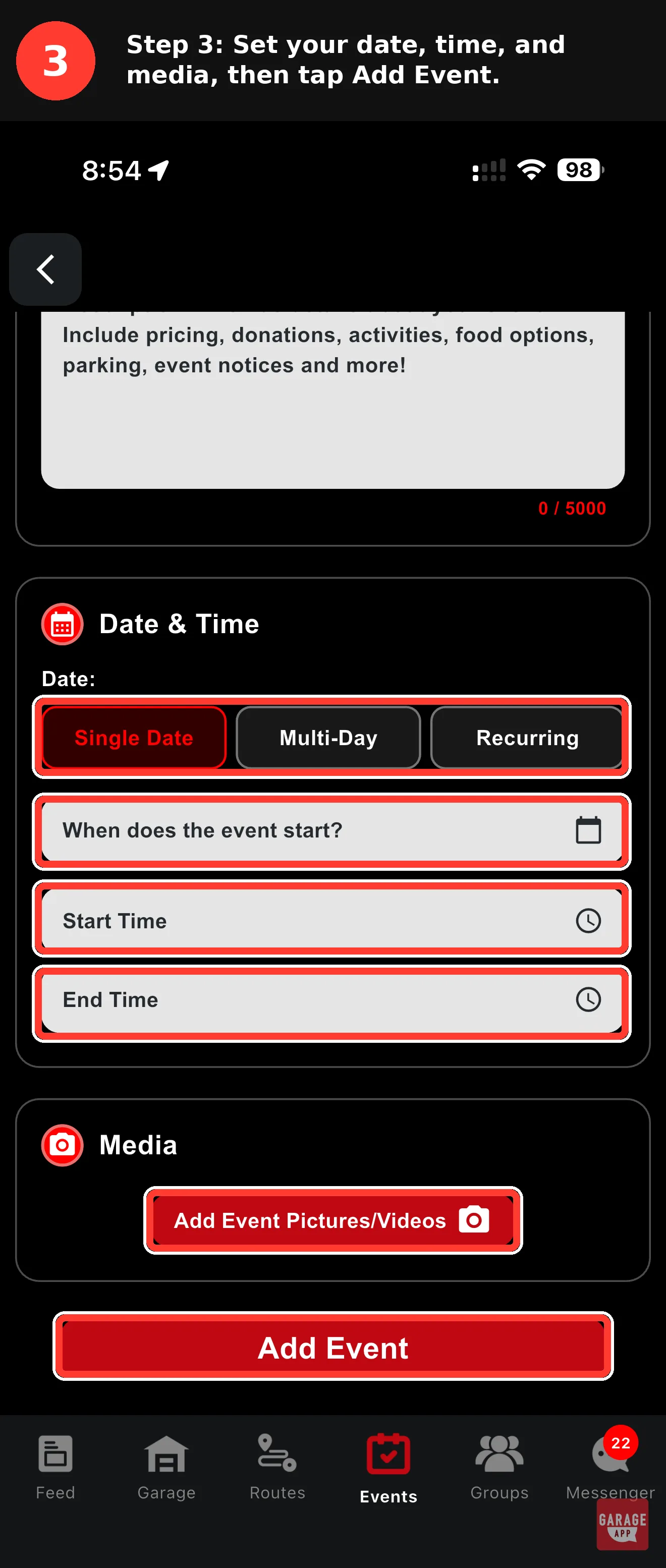 GarageApp date selector showing Single Date, Multi-Day, and Recurring options with a cover photo upload area below