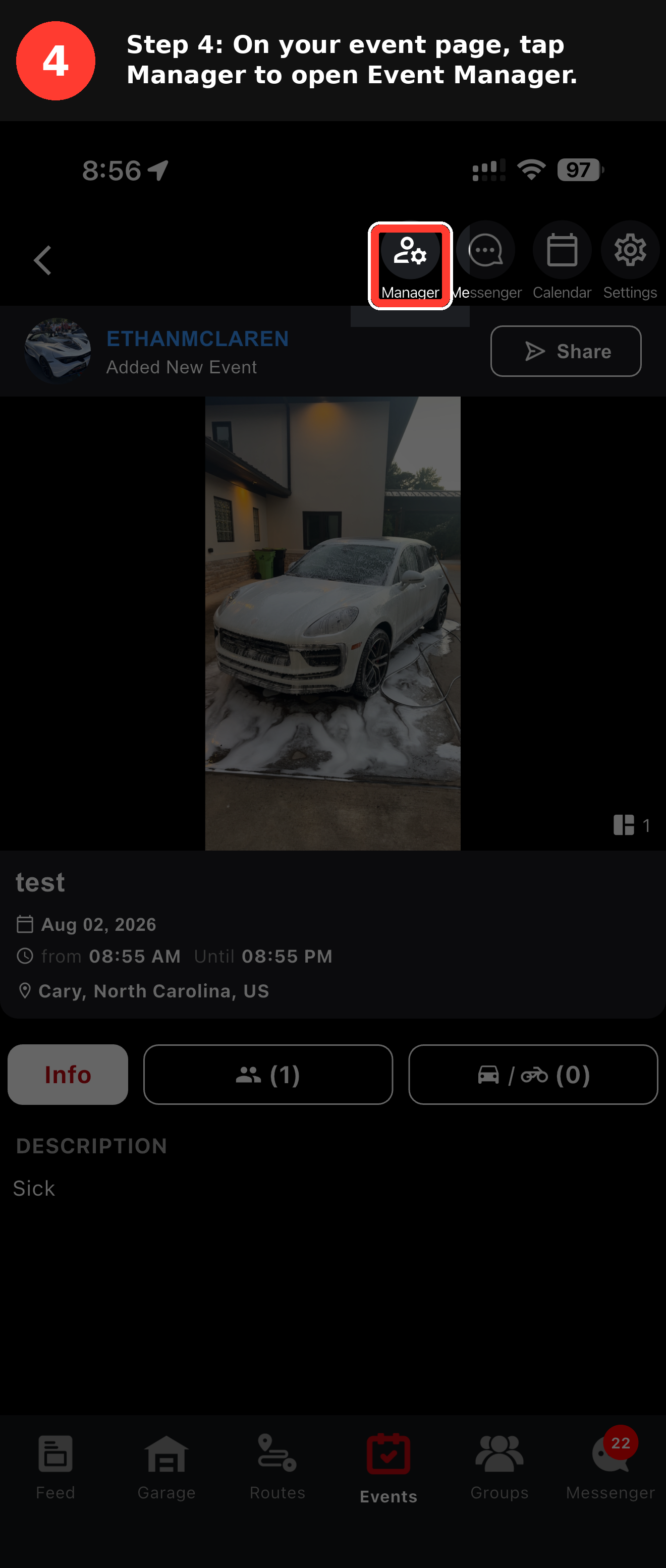 Published GarageApp event page with cover photo and shortcut icons for Manager, Messenger, Calendar, and Settings across the top