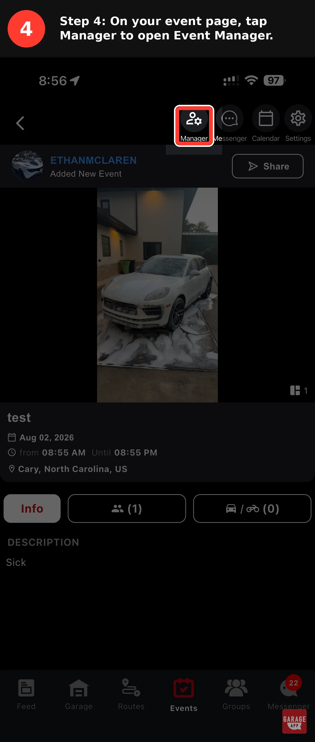 Published GarageApp event page with cover photo and shortcut icons for Manager, Messenger, Calendar, and Settings across the top