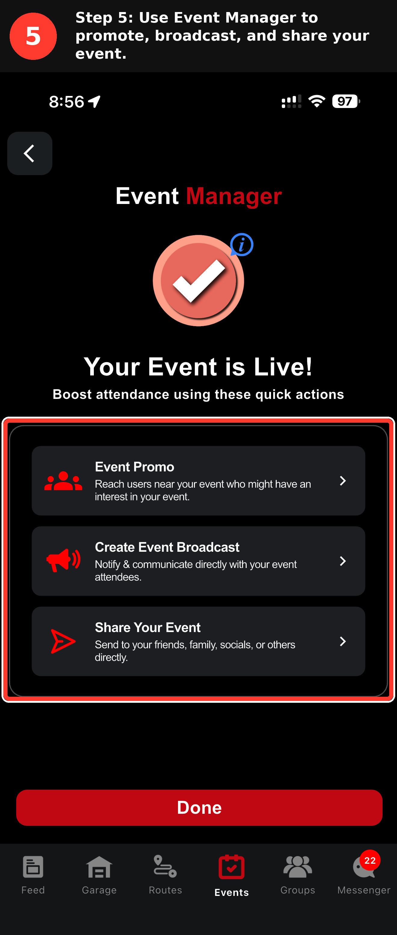 GarageApp Event Manager dashboard displaying quick action tools for promoting and managing a car meet listing