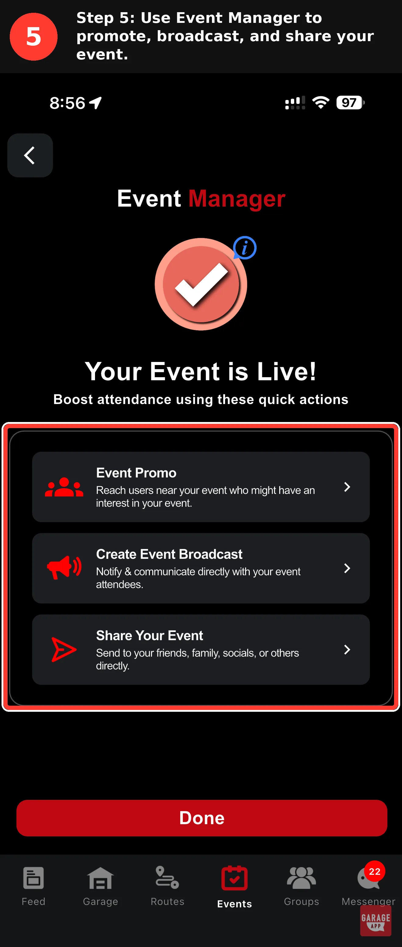 GarageApp Event Manager dashboard displaying quick action tools for promoting and managing a car meet listing