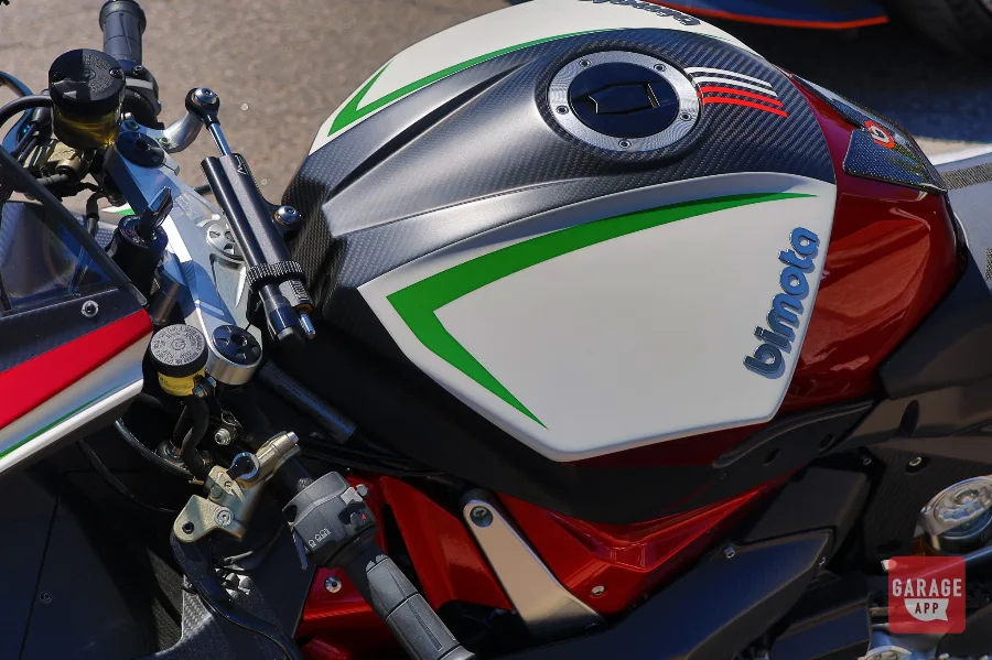 Bimota Tesi H2 fuel tank carbon fiber badge close-up