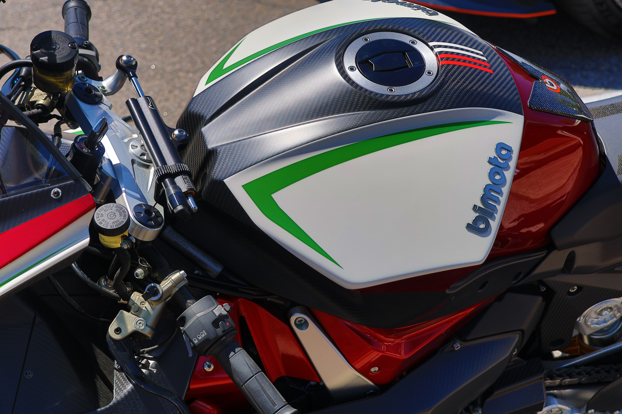Bimota Tesi H2 fuel tank carbon fiber badge close-up