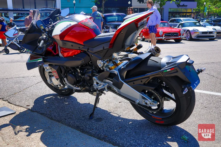 Bimota Tesi H2 rear three-quarter view titanium exhaust