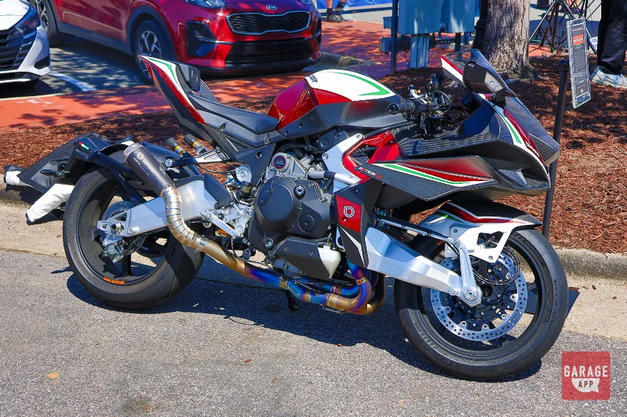 Bimota Tesi H2 tricolore side profile at motorcycle show