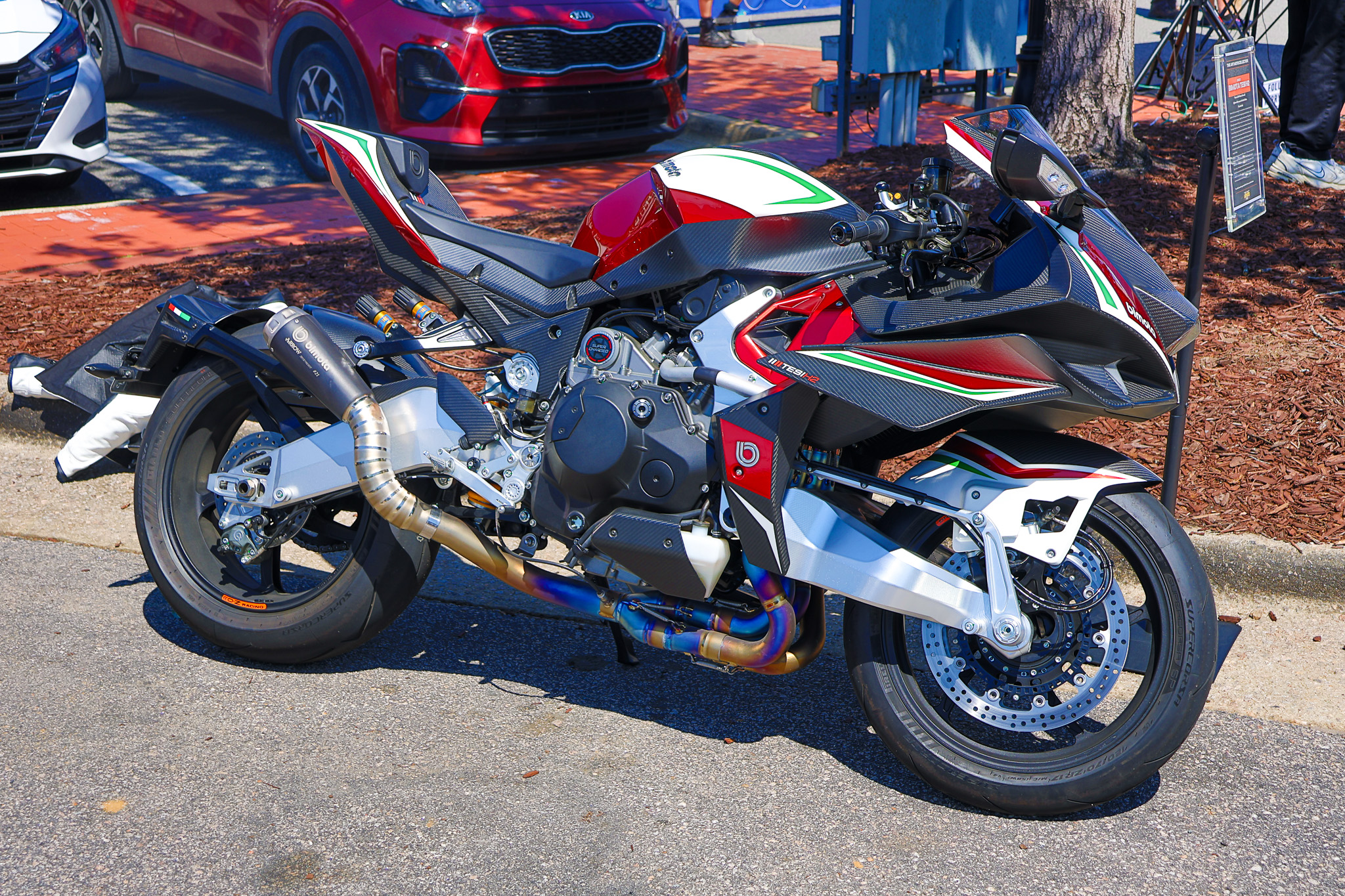 Red, white and green Bimota Tesi H2 Tricolore side profile at bike show