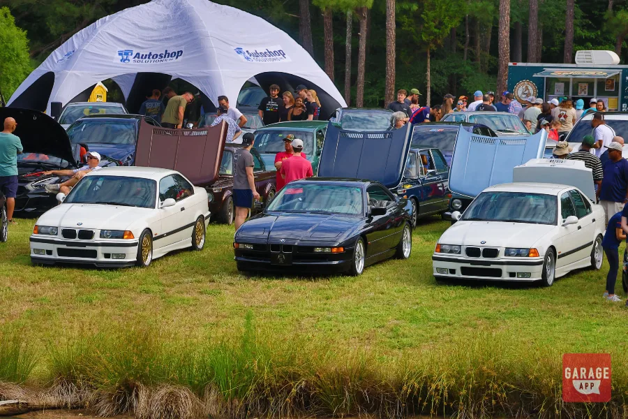 BMW E36 coupes and a BMW 8 Series displayed during the Europäisch European car show.