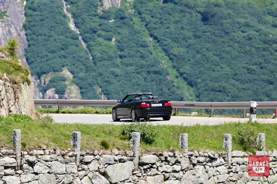 BMW E46 M3 convertible rear view Furka Pass mountain road