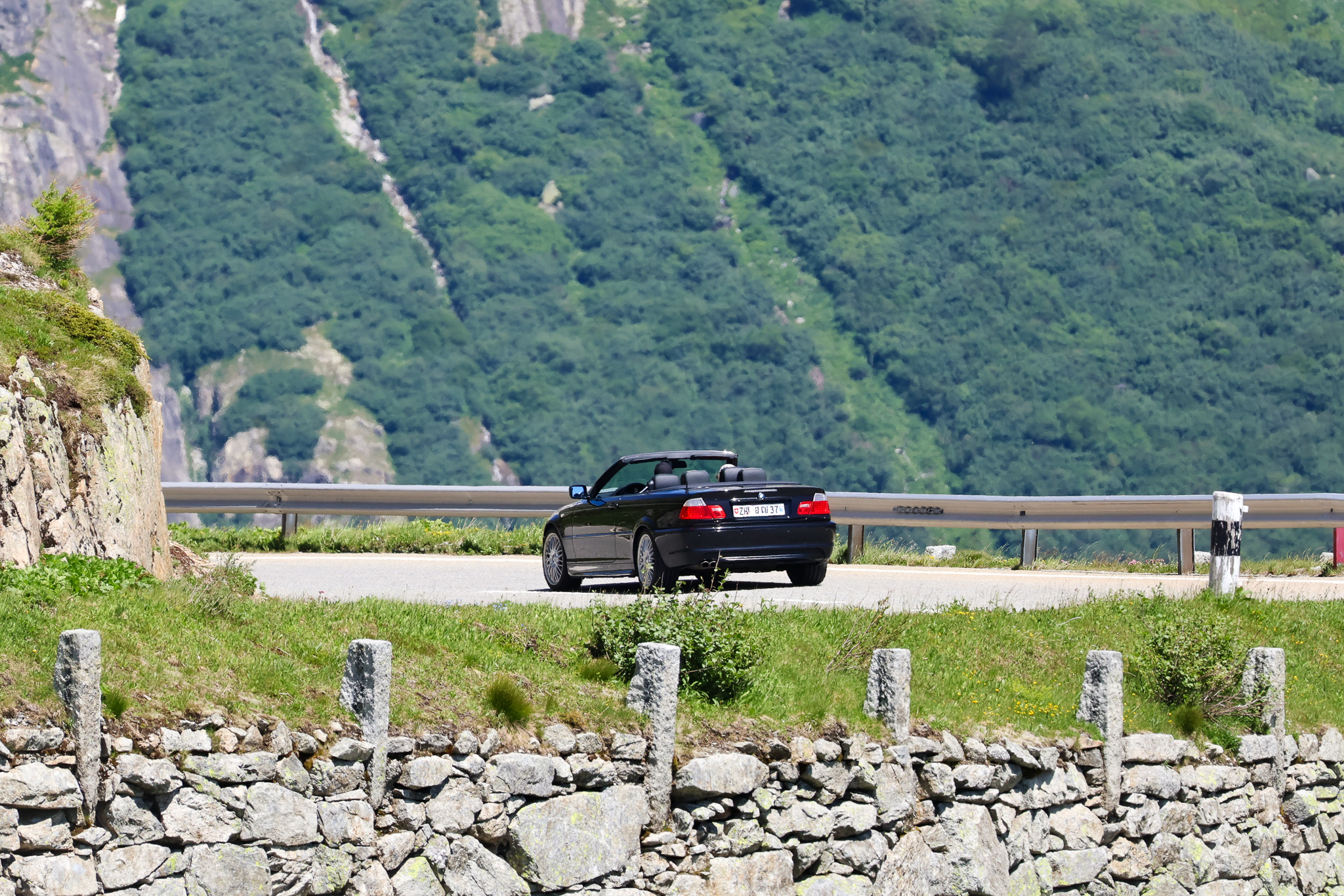 BMW E46 M3 convertible rear view Furka Pass mountain road