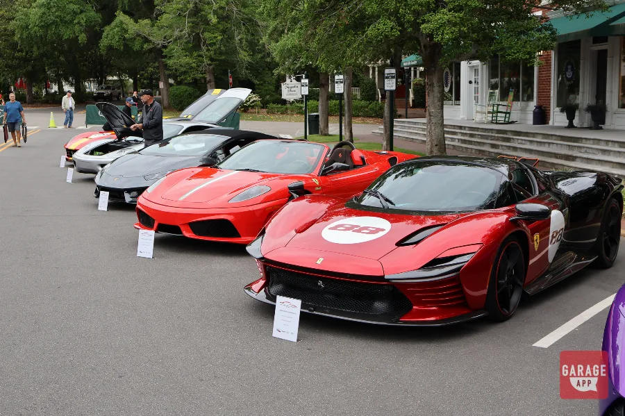 Red Ferrari Daytona SP3 lineup Sandhills Motoring Expo Pinehurst