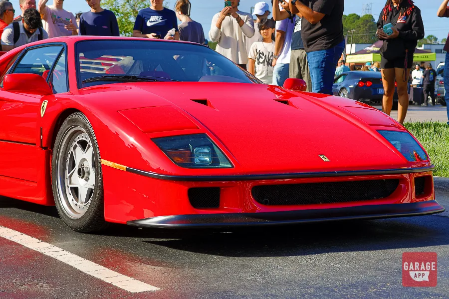 Red Ferrari F40 front fascia and headlight detail closeup
