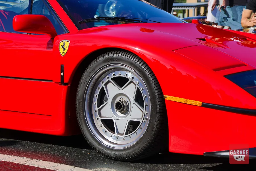 Ferrari F40 front wheel and Pirelli P Zero tire closeup