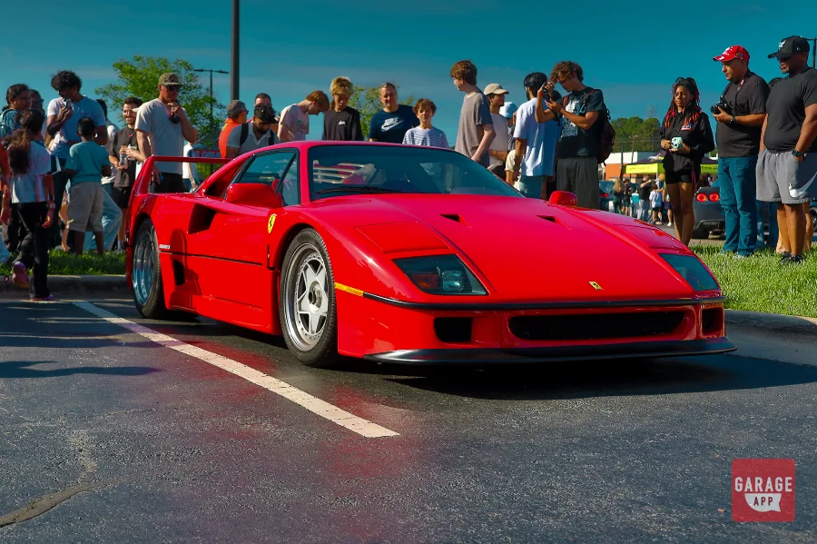 Red Ferrari F40 front view at North Carolina Cars and Coffee meet