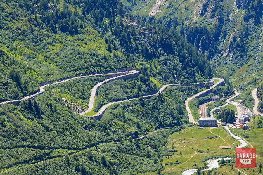 Furka Pass road hairpin curves Realp Swiss Alps
