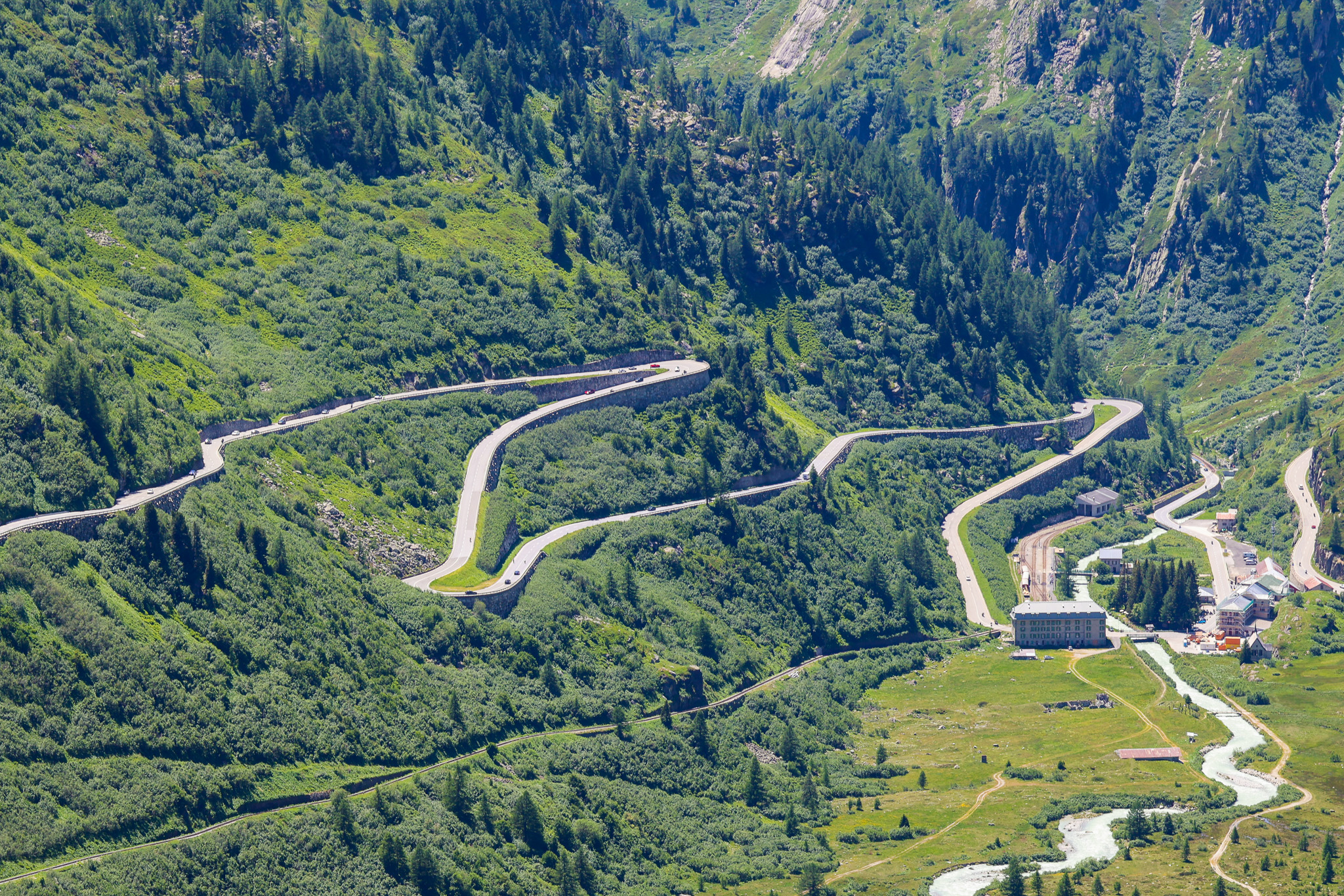 Furka Pass road hairpin curves Realp Swiss Alps
