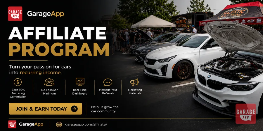 GarageApp Affiliate Program banner promoting recurring affiliate commissions for car enthusiasts, automotive influencers, creators, and car clubs with custom referral codes, real-time dashboard, and automotive community marketing tools.