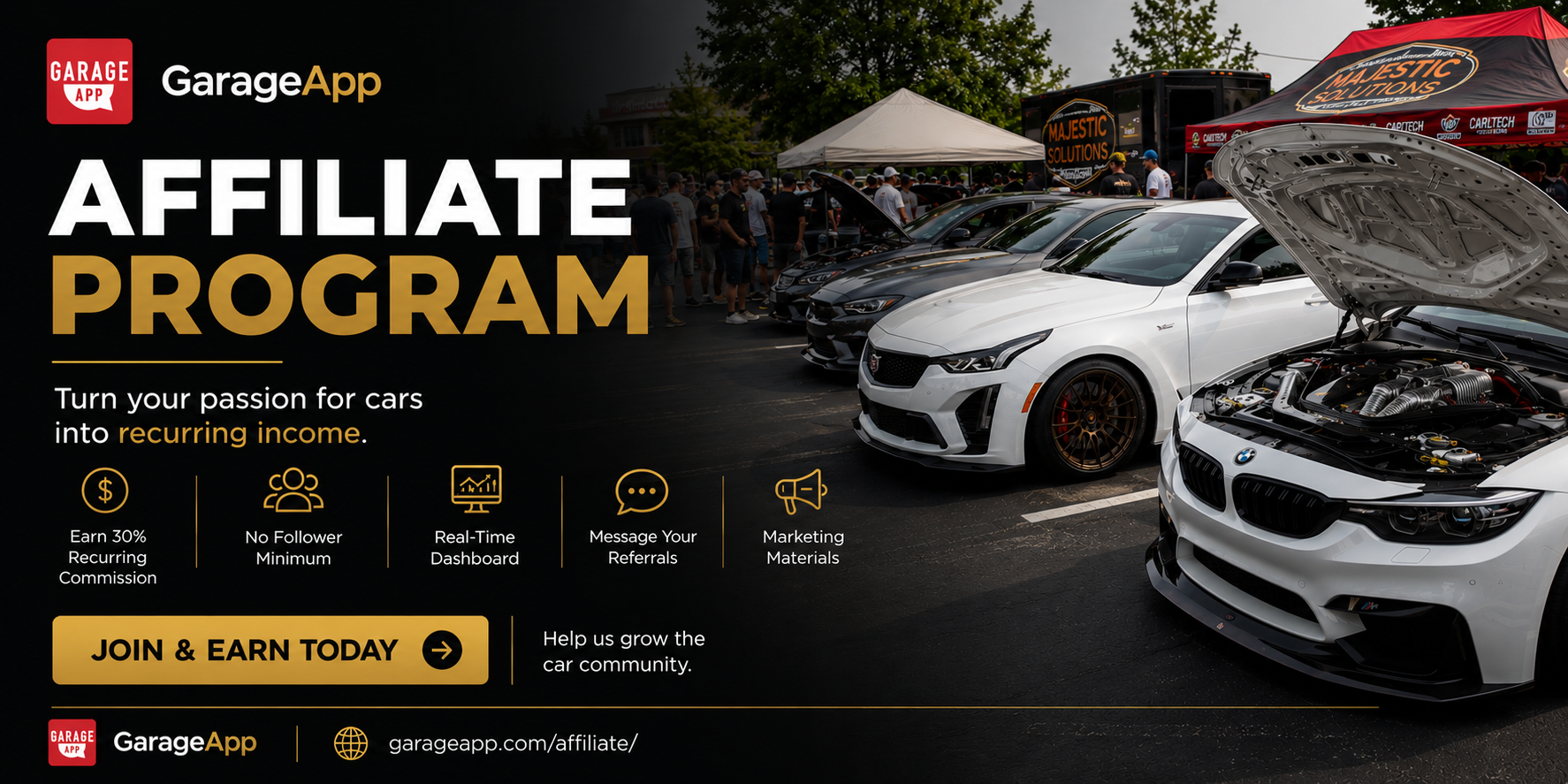 GarageApp Affiliate Program banner promoting recurring affiliate commissions for car enthusiasts, automotive influencers, creators, and car clubs with custom referral codes, real-time dashboard, and automotive community marketing tools.