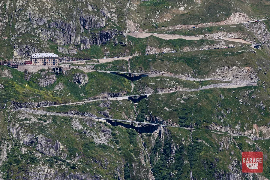 Hotel Belvedere Furka Pass aerial switchback view