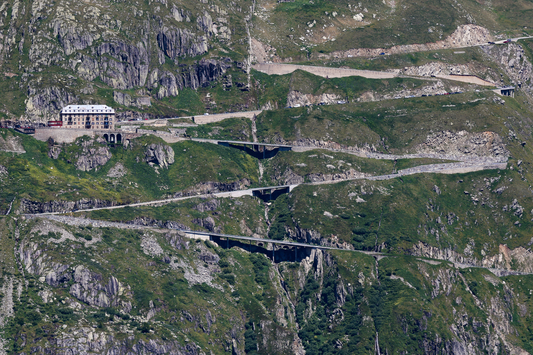 Hotel Belvedere Furka Pass aerial switchback view