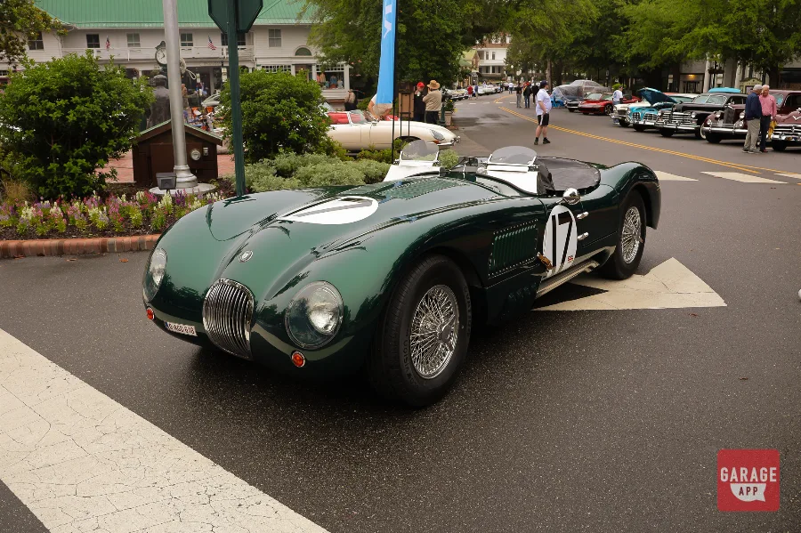 Racing green Jaguar C-Type replica roadster with number 17 at Pinehurst Village