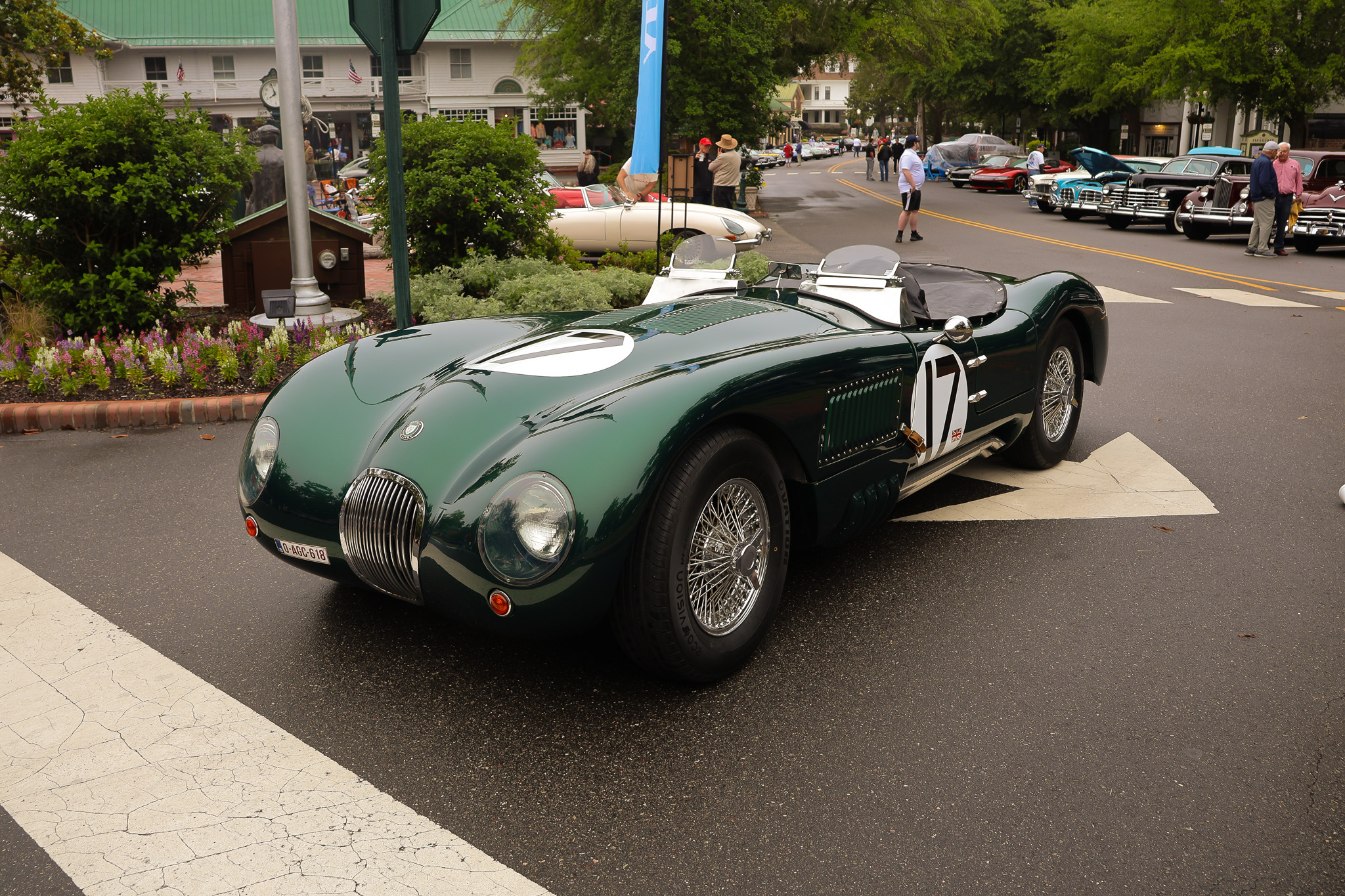 Racing green Jaguar C-Type replica roadster with number 17 at Pinehurst Village