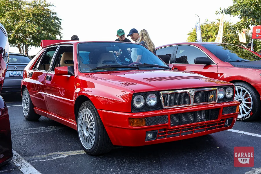 Red Lancia Delta HF Integrale parked at a North Carolina cars and coffee