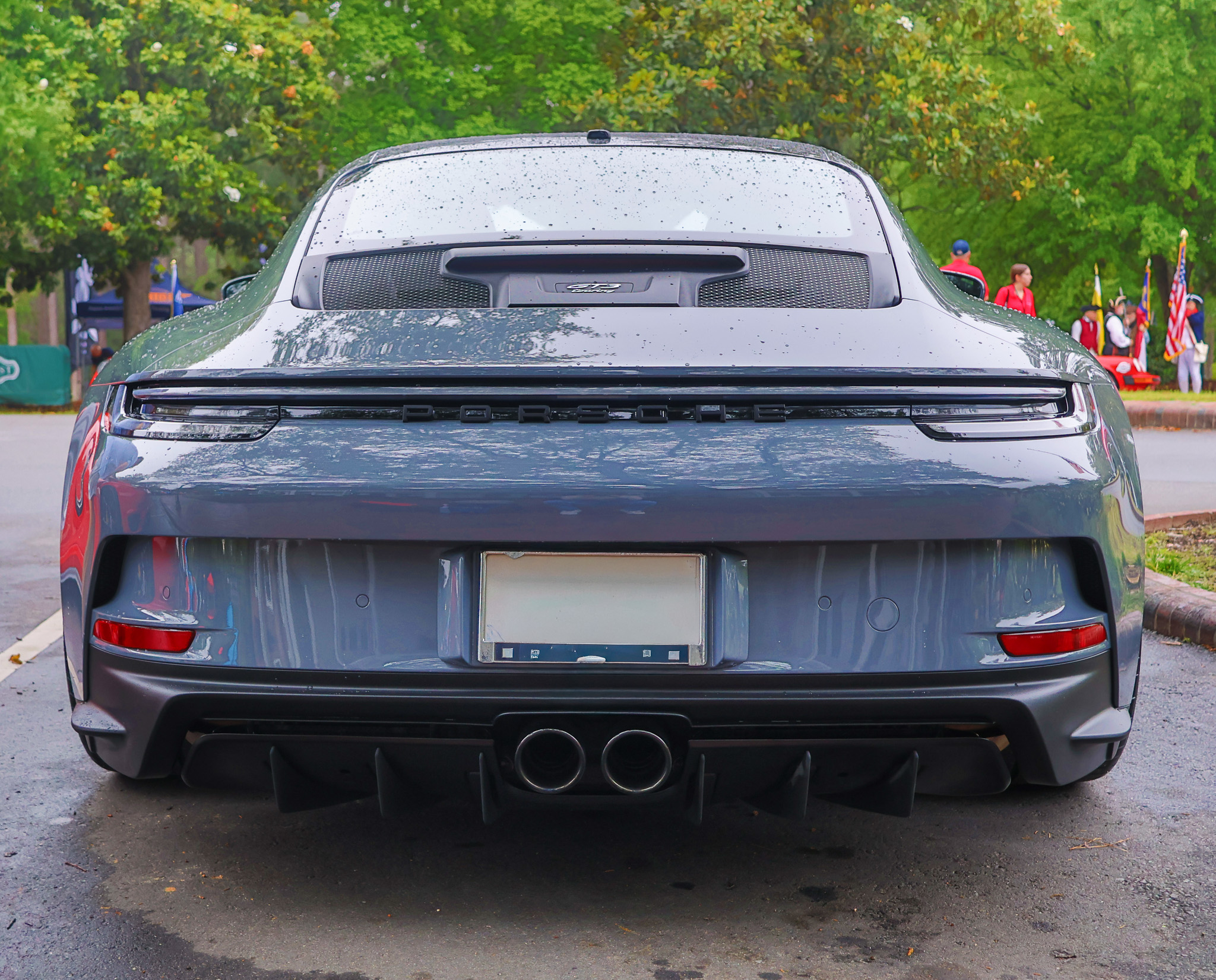 Porsche 911 GT3 Touring rear diffuser and center-exit exhaust close-up at Sandhills Expo
