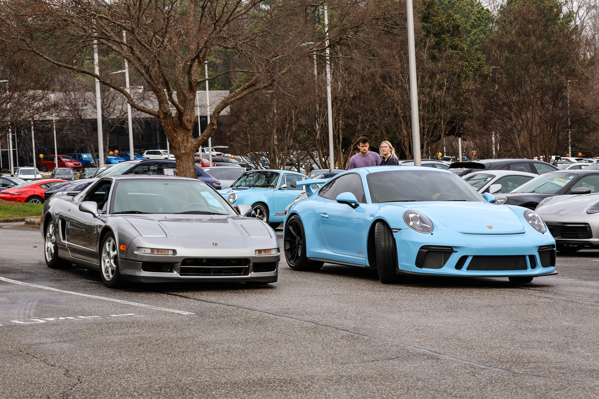 Porsche 911 GT3 Riviera Blue and silver Acura NSX at Cars and Coffee