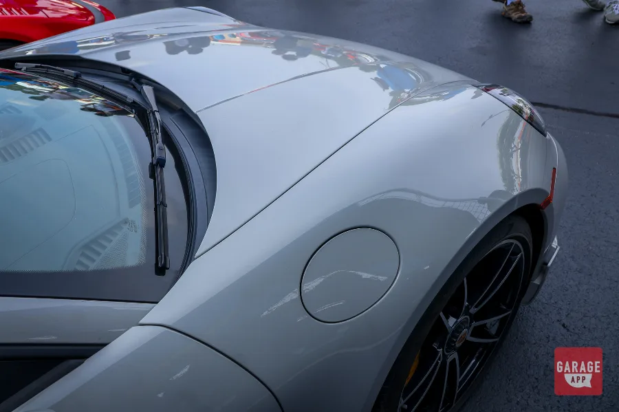 Silver Porsche 911 Turbo S Cabriolet fender and fuel door paint detail
