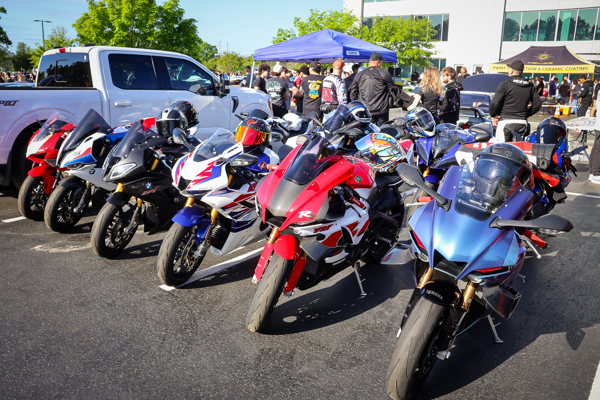 Sport motorcycle lineup with BMW and Yamaha at Cars and Coffee Morrisville