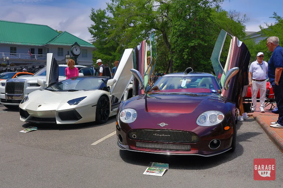 Madeira Red Spyker C8 Aileron doors up Pinehurst Village car show