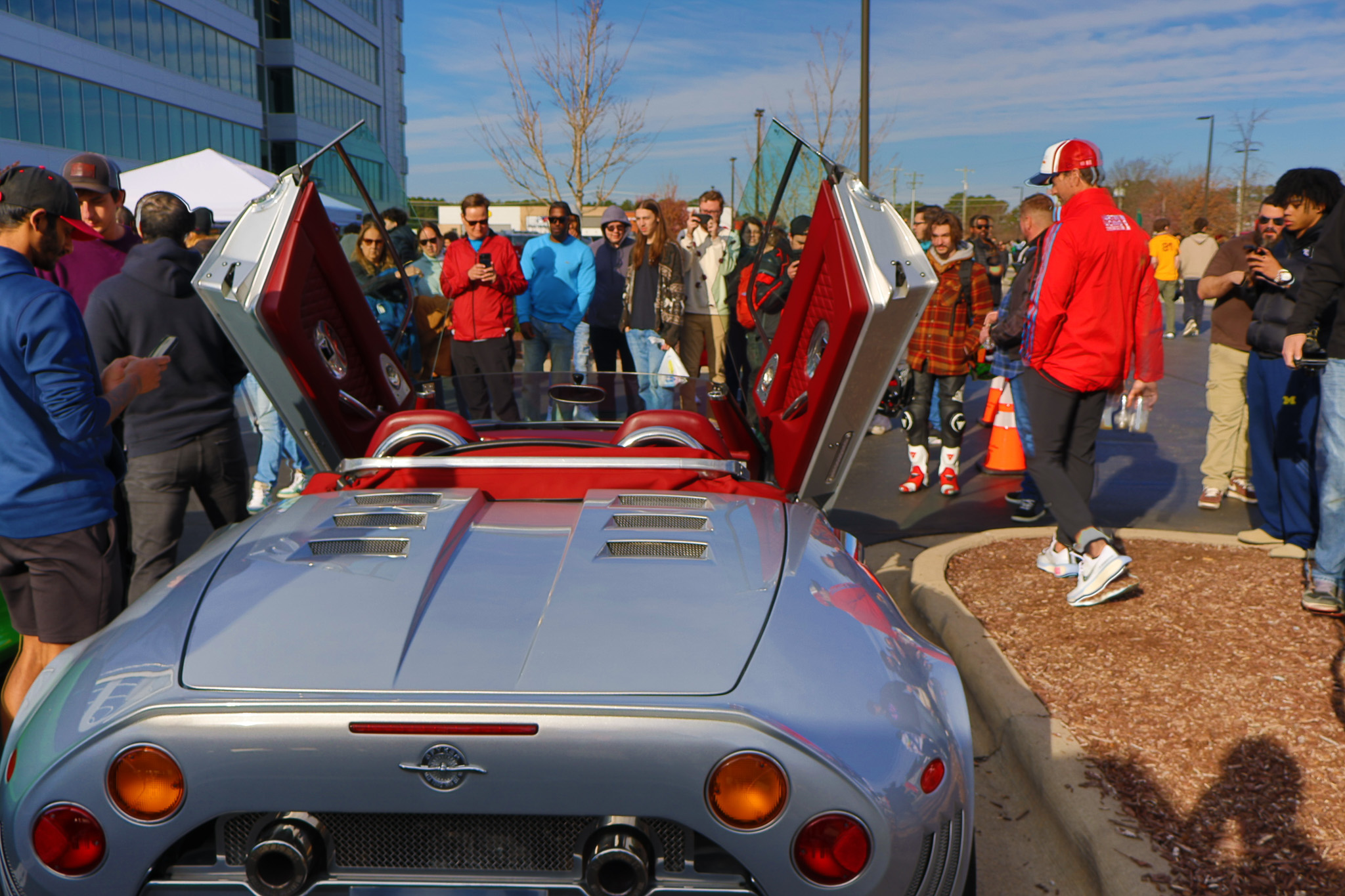 Silver Spyker C8 Spyder scissor doors open Raleigh Cars and Coffee